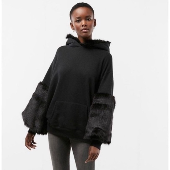 “EXPRESS” Faux Fur Trimmed Hoodie Sweatshirt - Picture 1 of 16